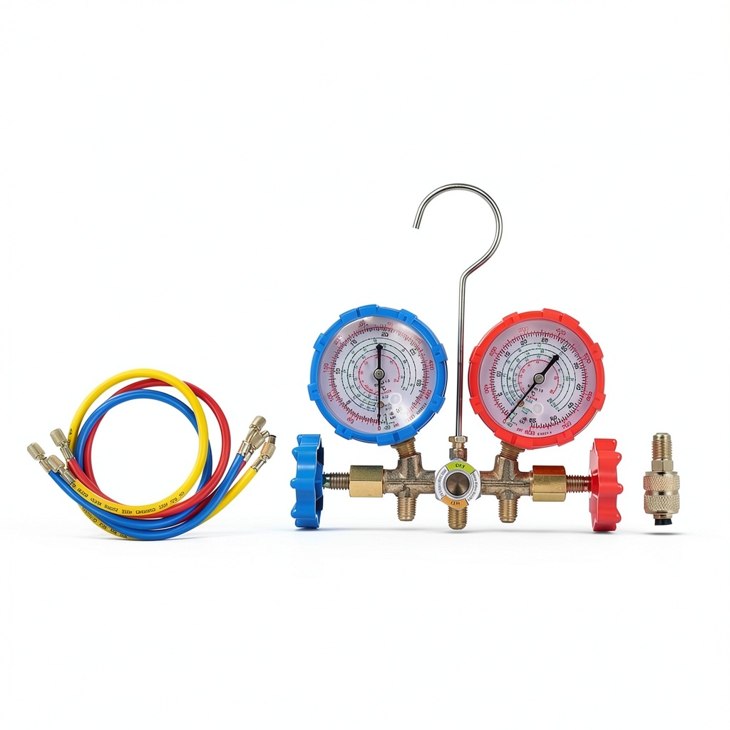 Technician connecting Shkalacar manifold gauge to a vehicle A/C system