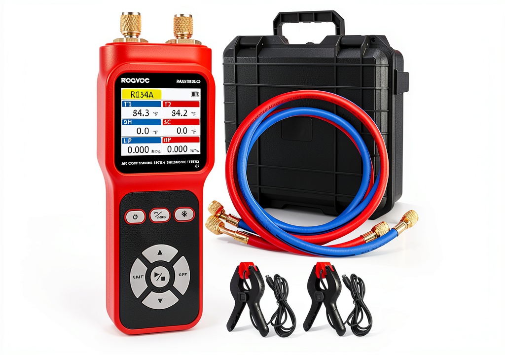 Technician using Rogvoc digital gauge in a service bay